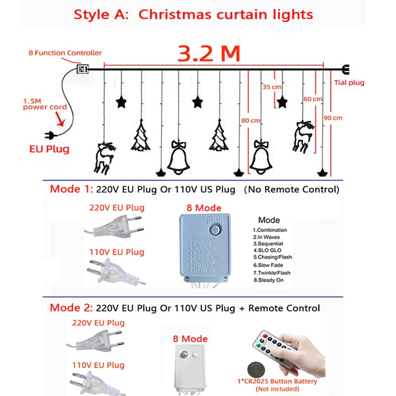 32M LED Christmas Curtain Lights 8 Modes