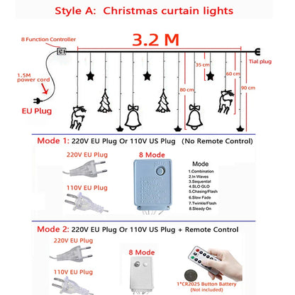 32M LED Christmas Curtain Lights 8 Modes