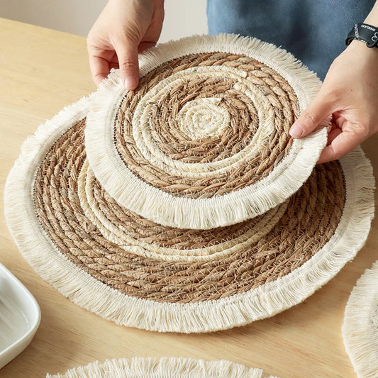 Round Wicker Tassel Placemat - Natural Rattan Weave