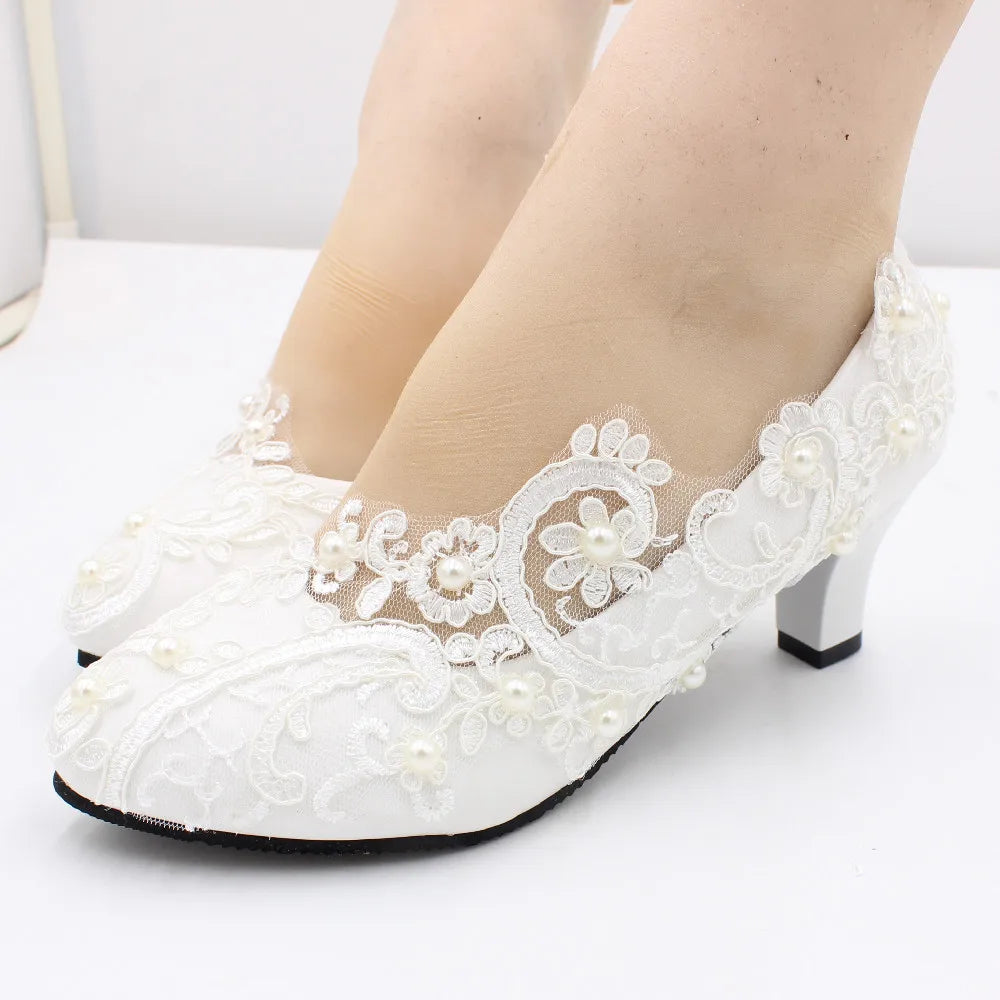 White lace large size women's Bride wedding shoes