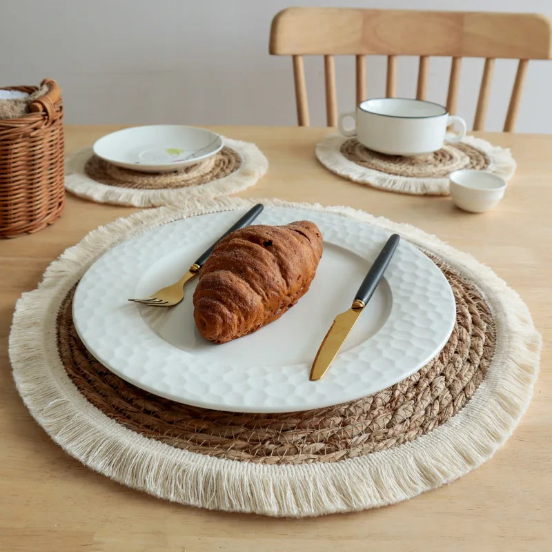 Round Wicker Tassel Placemat - Natural Rattan Weave