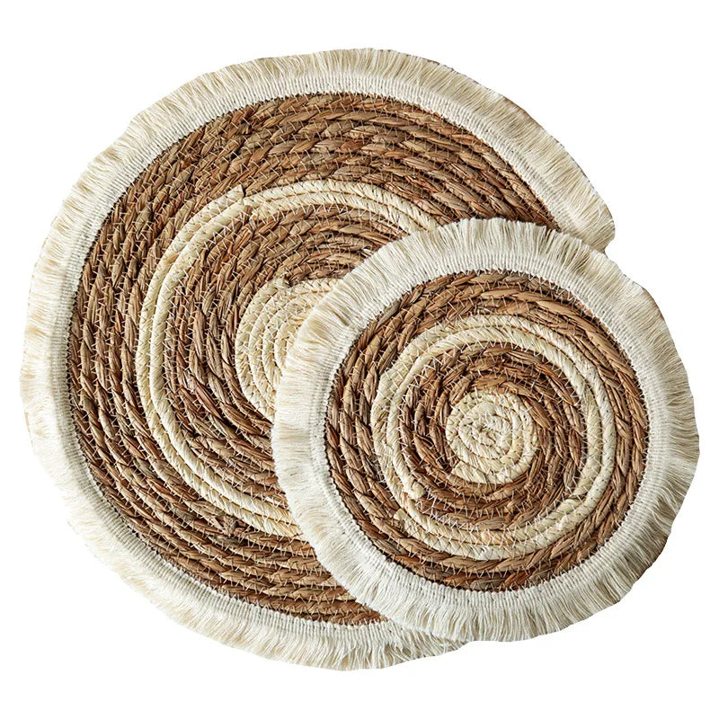 Round Wicker Tassel Placemat - Natural Rattan Weave