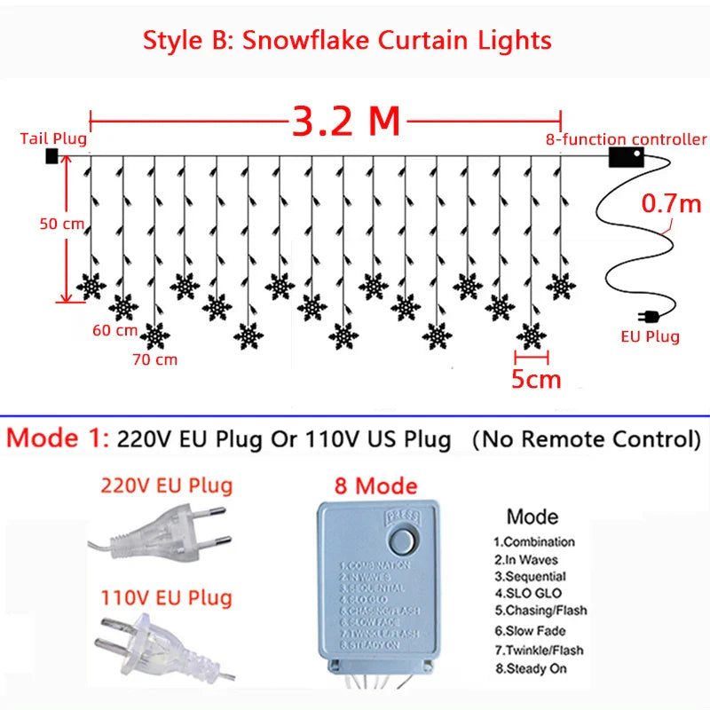 32M LED Christmas Curtain Lights 8 Modes