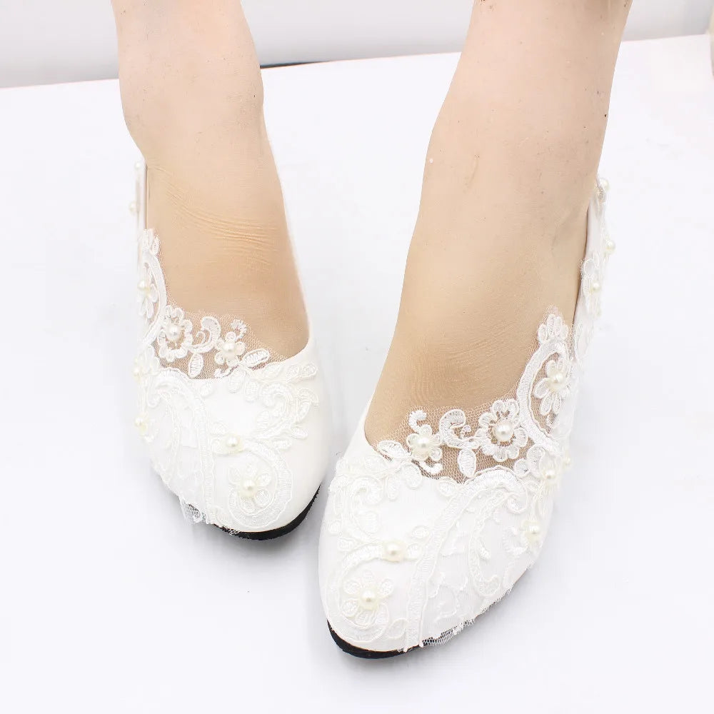 White lace large size women's Bride wedding shoes