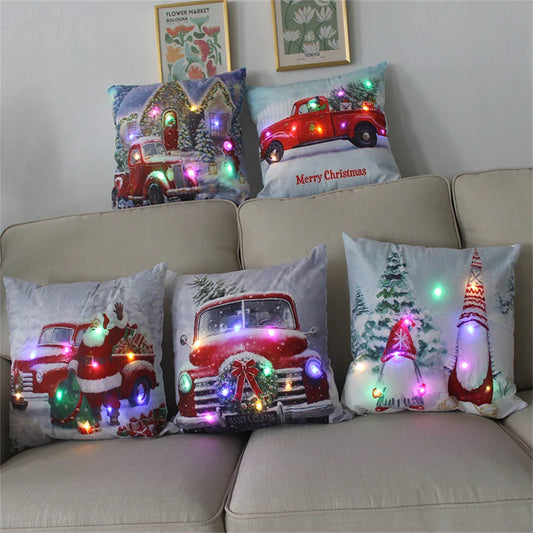 Housse de coussin de Noël avec lumière LED - Père Noël et élan