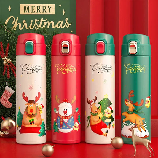 Bouteille thermos pour enfants avec motif élan et bonhomme de neige