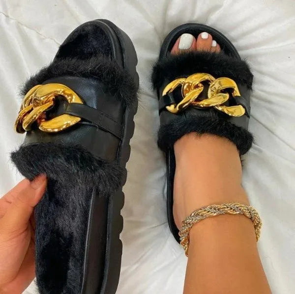 Metal Chain Mao Mao Winter Slippers