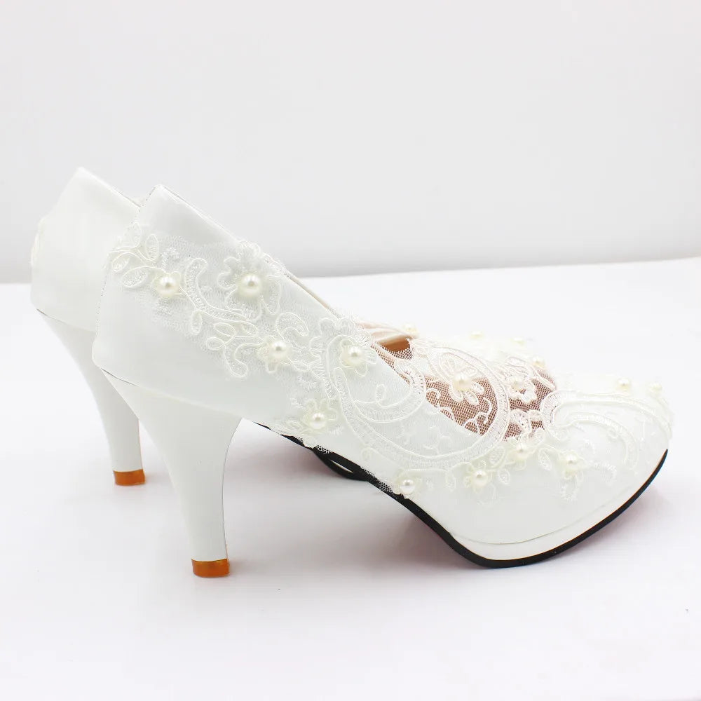 White lace large size women's Bride wedding shoes