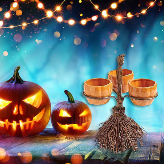 Halloween Broom Pumpkin Snack Bowl Rack